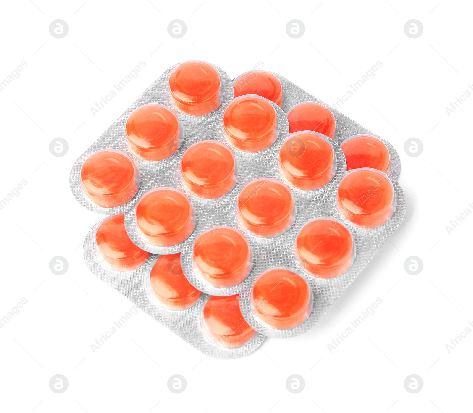 Photo of Blisters with orange cough drops isolated on white, above view