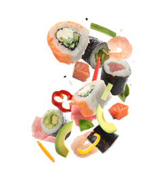 Different sushi rolls and ingredients on white background