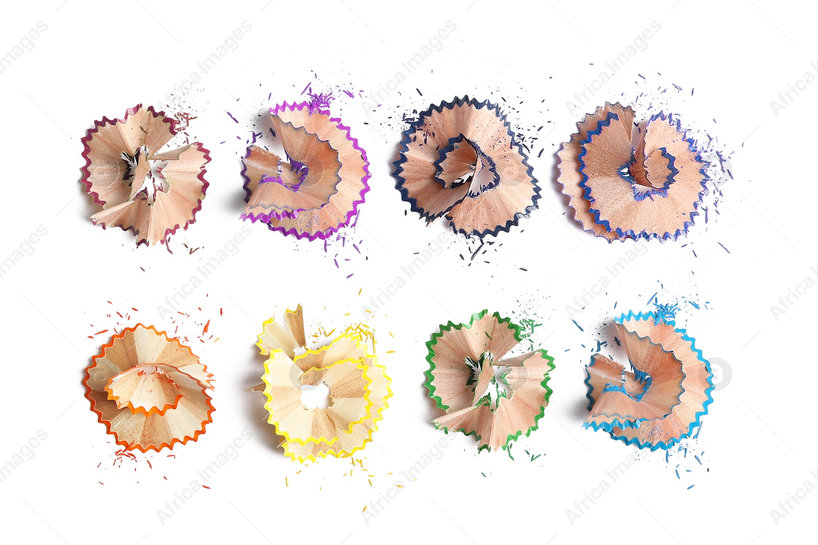 Image of Pencil shavings on white background, top view