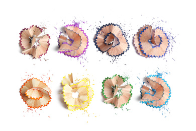 Image of Pencil shavings on white background, top view