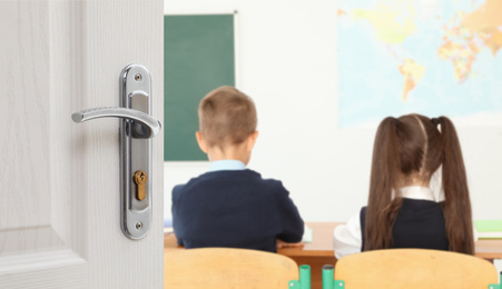 Wooden door open into modern classroom with students