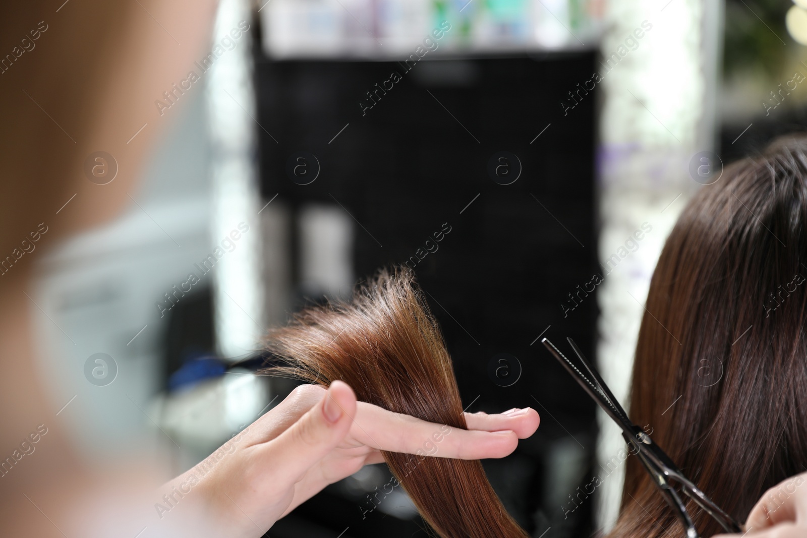 Photo of Hairdresser making stylish haircut with professional scissors in salon, closeup