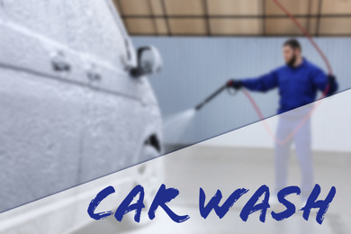 Image of Text Car Wash and worker covering automobile with foam on background