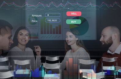 Double exposure of financial charts and people having meeting. Forex conference 