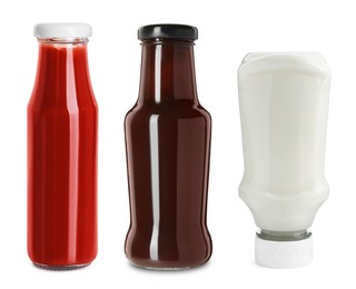 Image of Different delicious sauces isolated on white, set