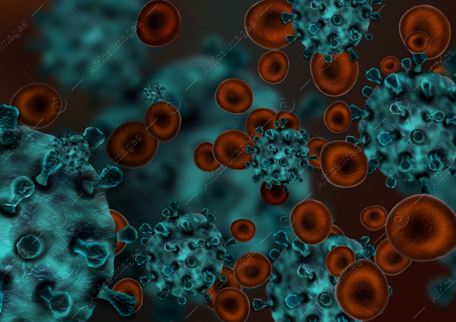 Illustration of Closeup view of virus under microscope. Illustration