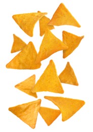 Image of Tasty tortilla chips (nachos) falling into on white background