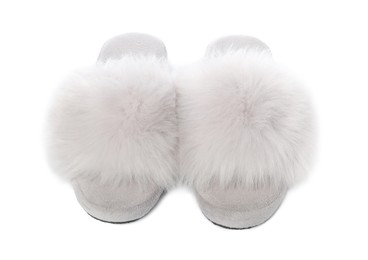 Photo of Pair of soft slippers with fur isolated on white