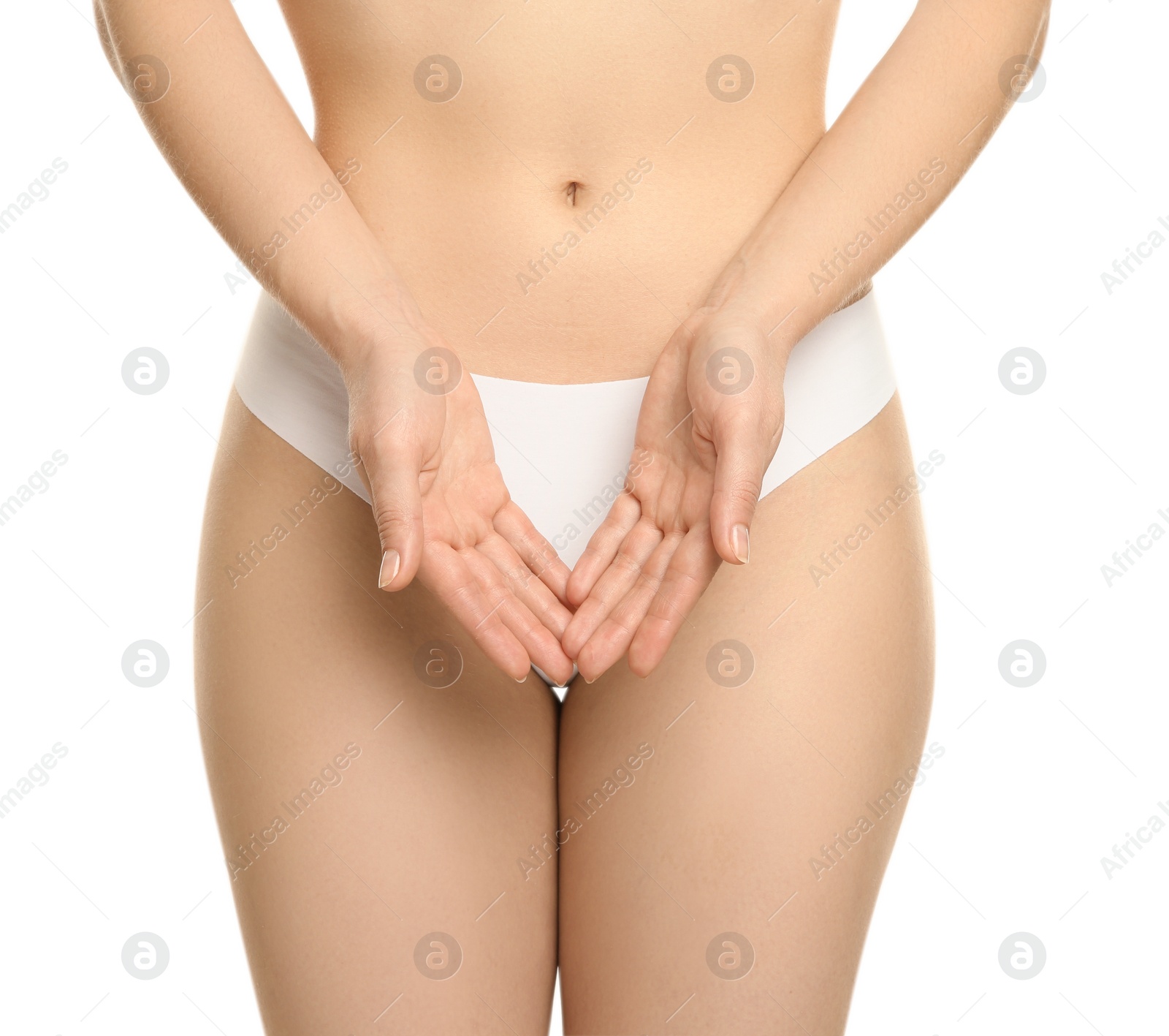 Photo of Gynecology. Woman in underwear on white background, closeup