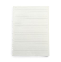 Lined notebook sheet isolated on white, top view