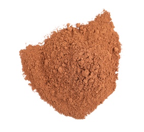 Photo of Pile of chocolate protein powder isolated on white, top view