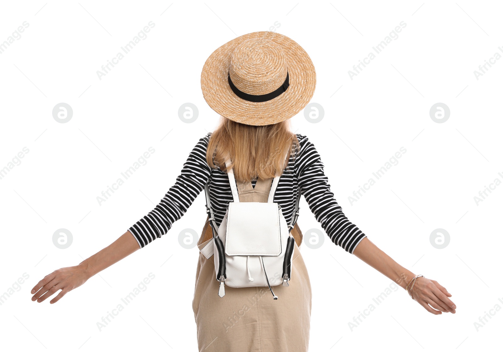 Photo of Woman with backpack on white background, back view. Summer travel