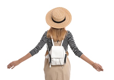 Photo of Woman with backpack on white background, back view. Summer travel