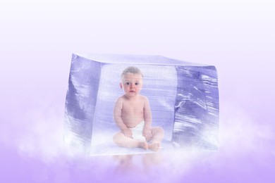 Image of Cryopreservation as method of infertility treatment. Baby in ice cube on violet background