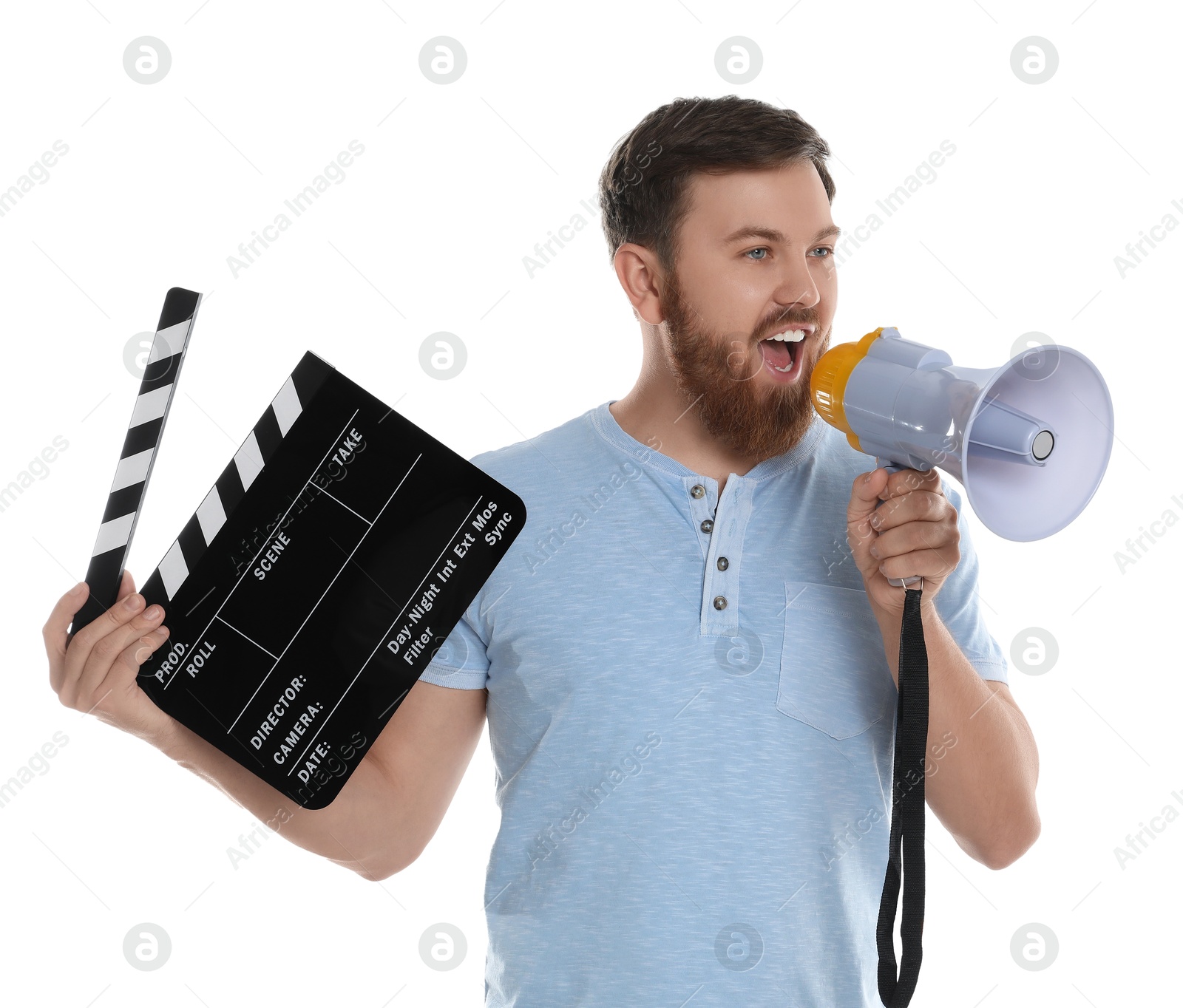 Photo of Making movie. Man with clapperboard shouting in megaphone on white background