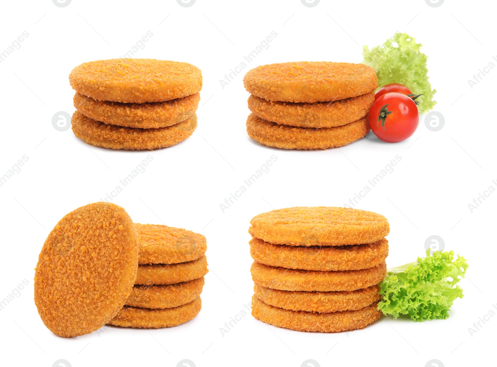 Image of Set with tasty breaded cutlets on white background 