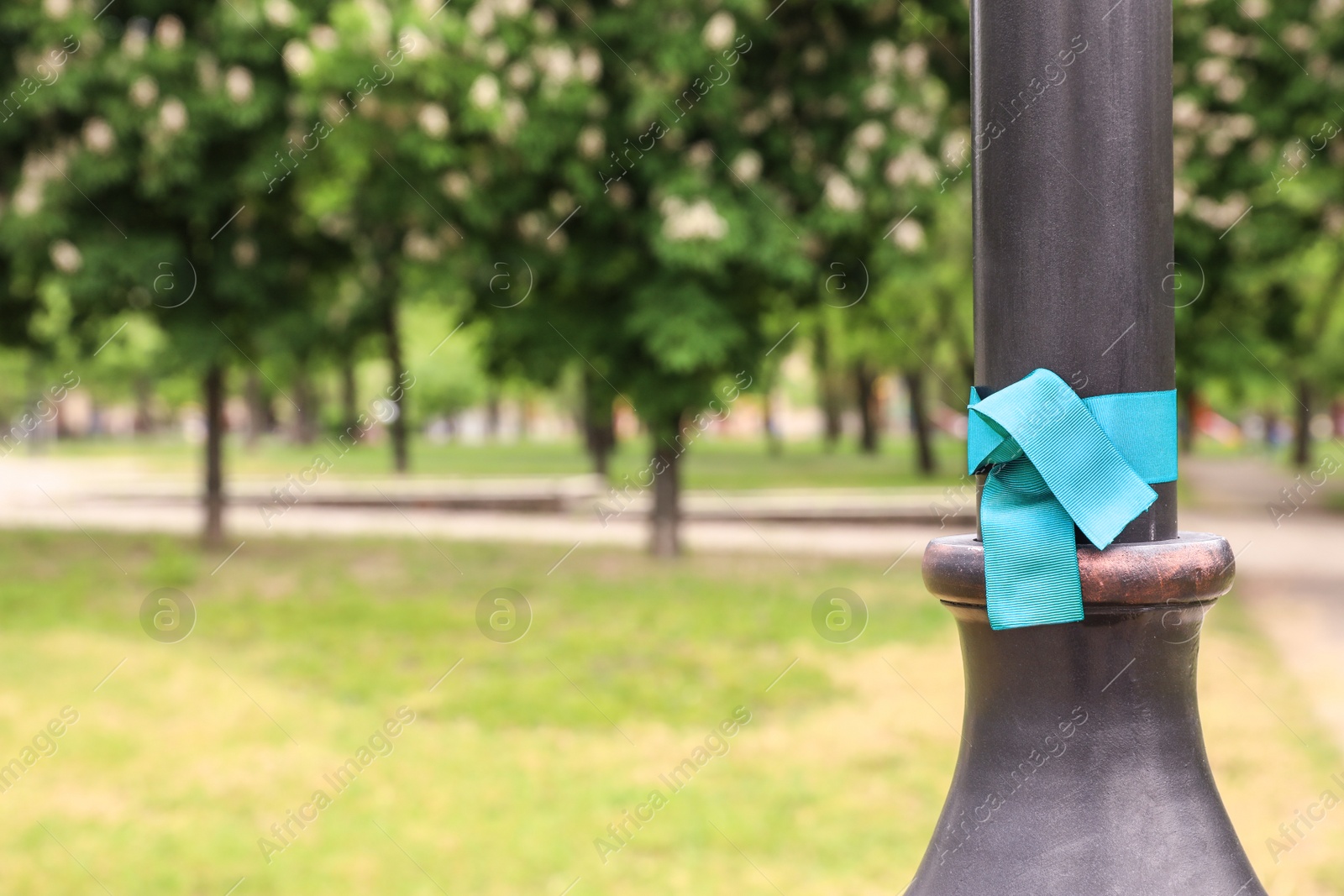 Photo of Teal awareness ribbon tied on lamppost in park, space for text