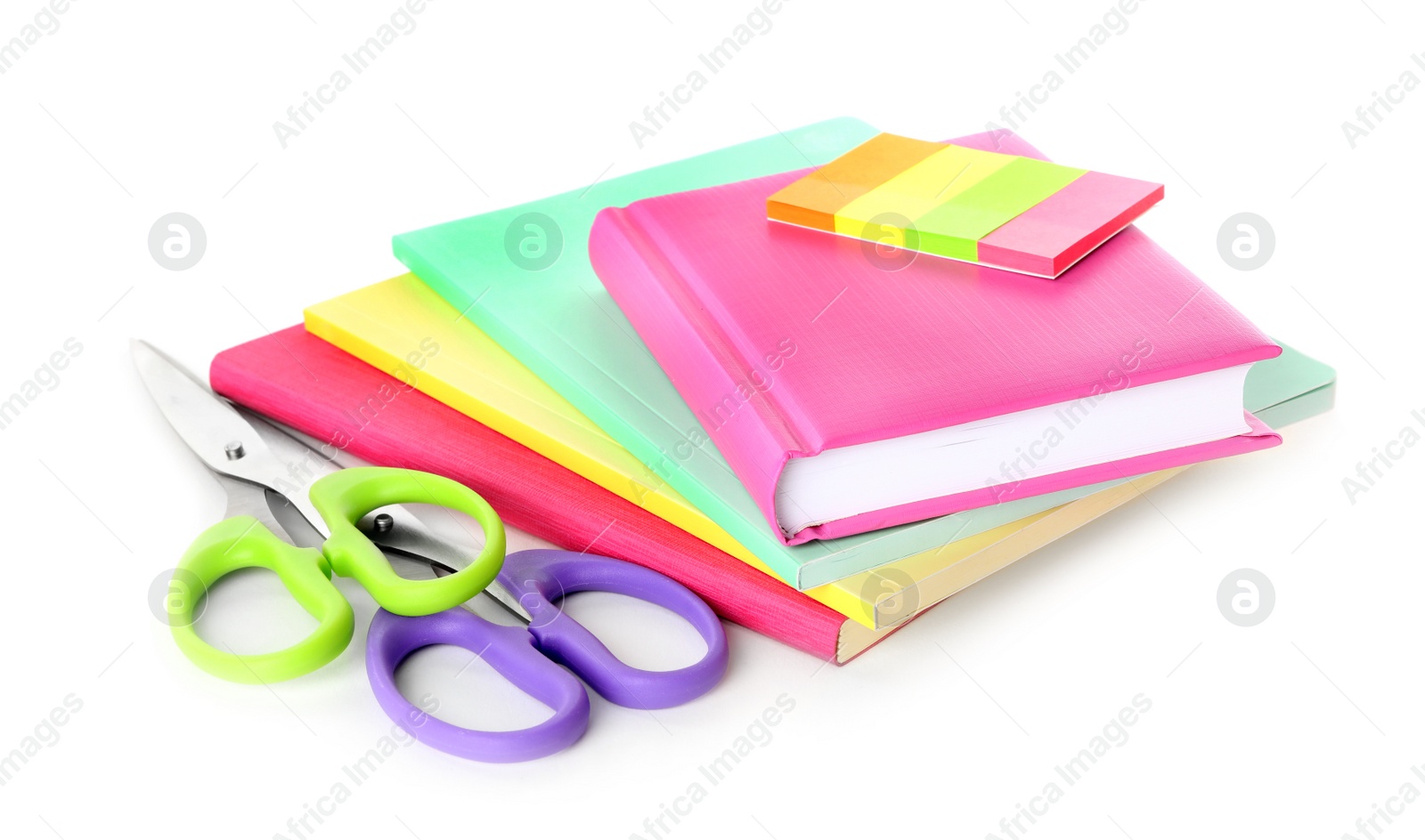 Photo of Set of colorful school stationery on white background