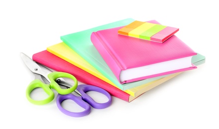 Photo of Set of colorful school stationery on white background