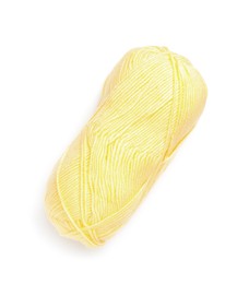 Photo of Yellow woolen yarn isolated on white, top view