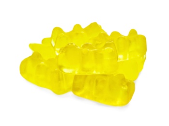 Pile of delicious jelly bears on white background