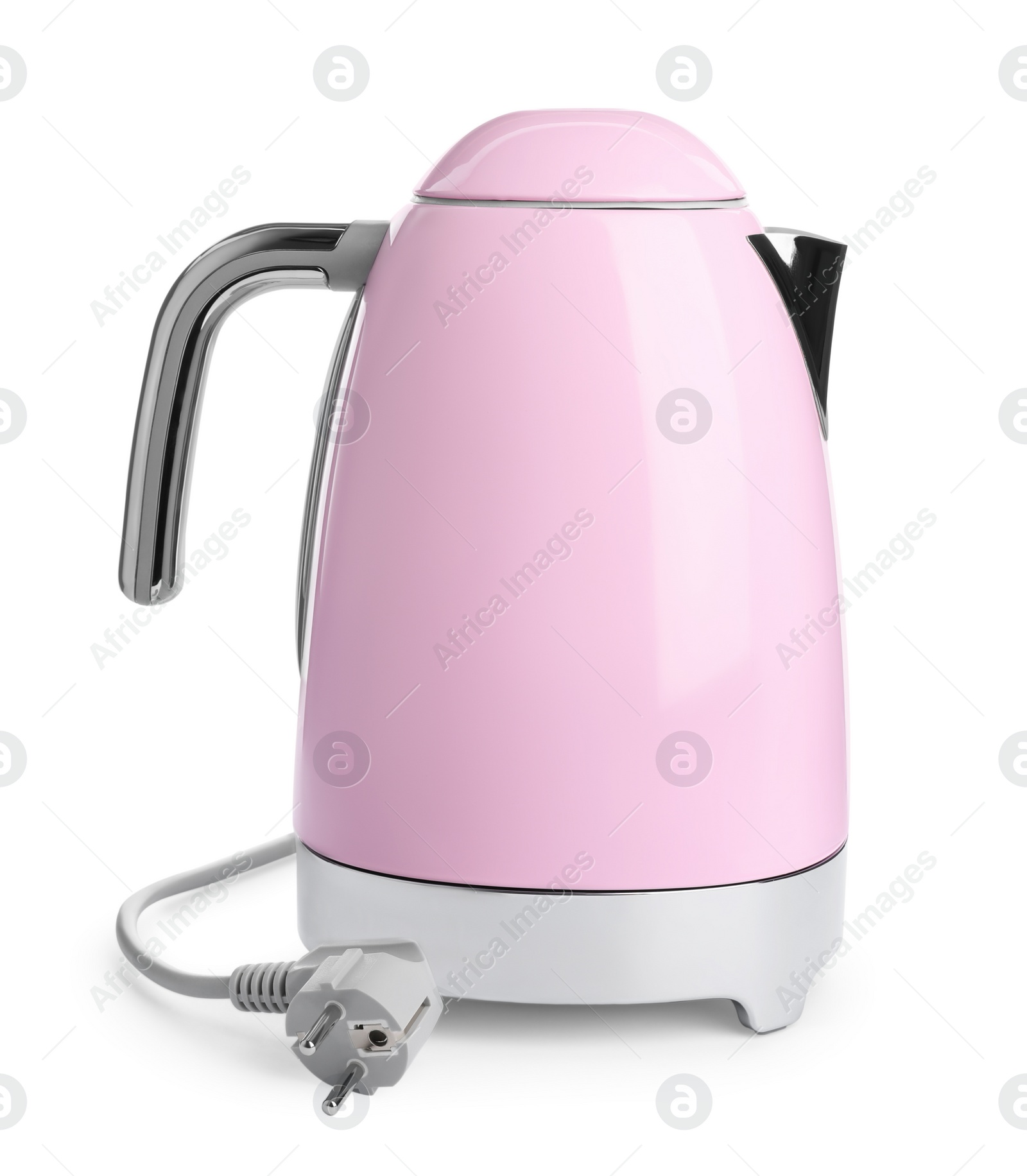 Photo of Modern pink electric kettle with base and plug isolated on white