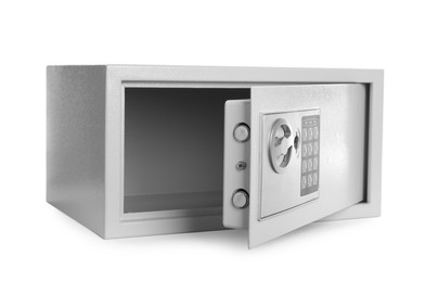 Photo of Open steel safe with electronic lock on white background
