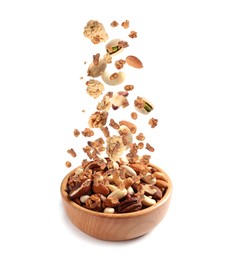 Image of Delicious granola and nuts falling into bowl on white background. Healthy snack 