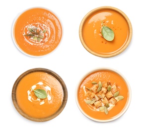 Image of Set of fresh pumpkin soups on white background, top view