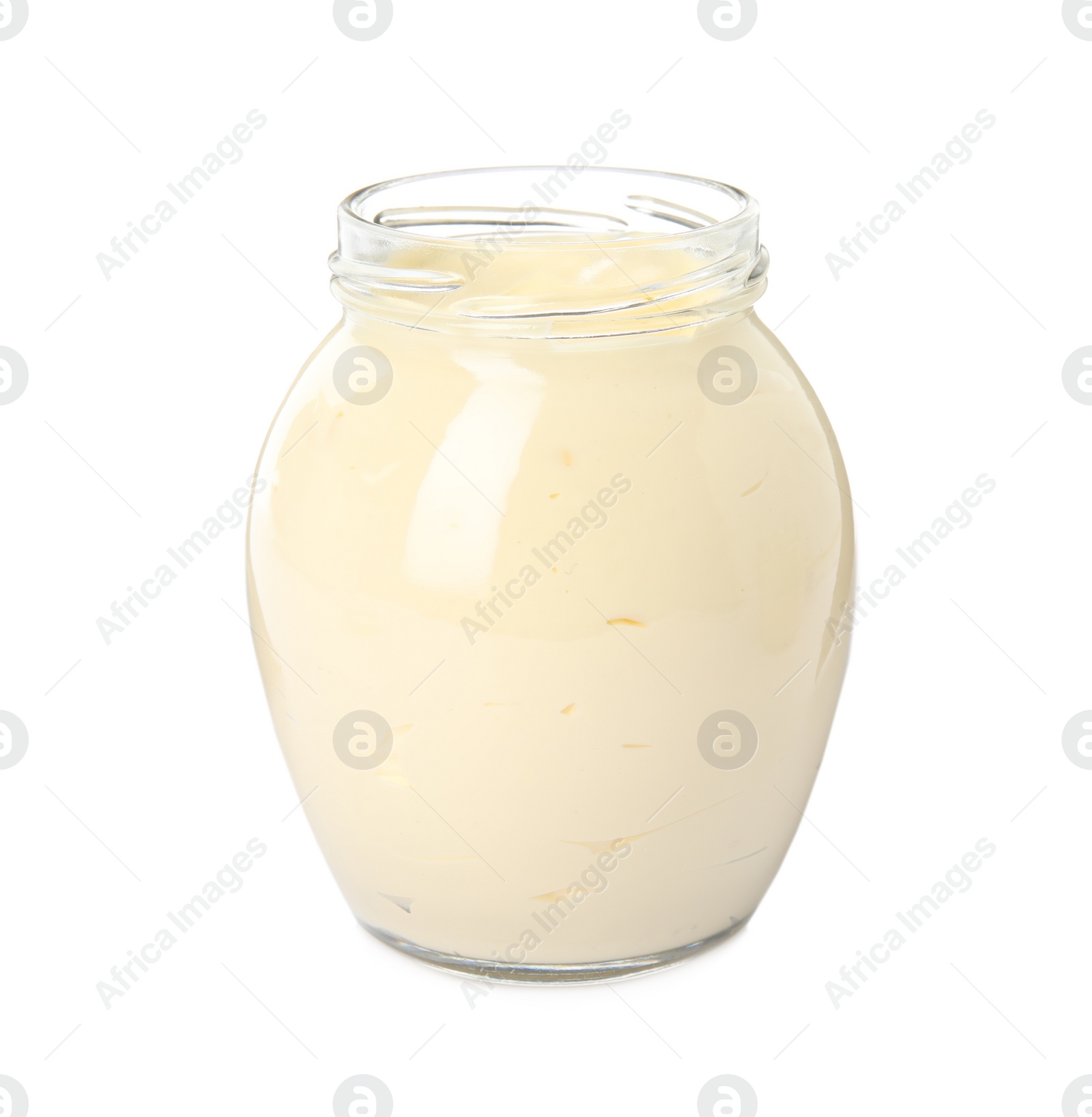 Photo of Jar of delicious mayonnaise isolated on white