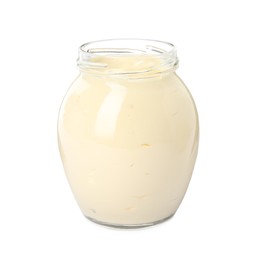 Photo of Jar of delicious mayonnaise isolated on white