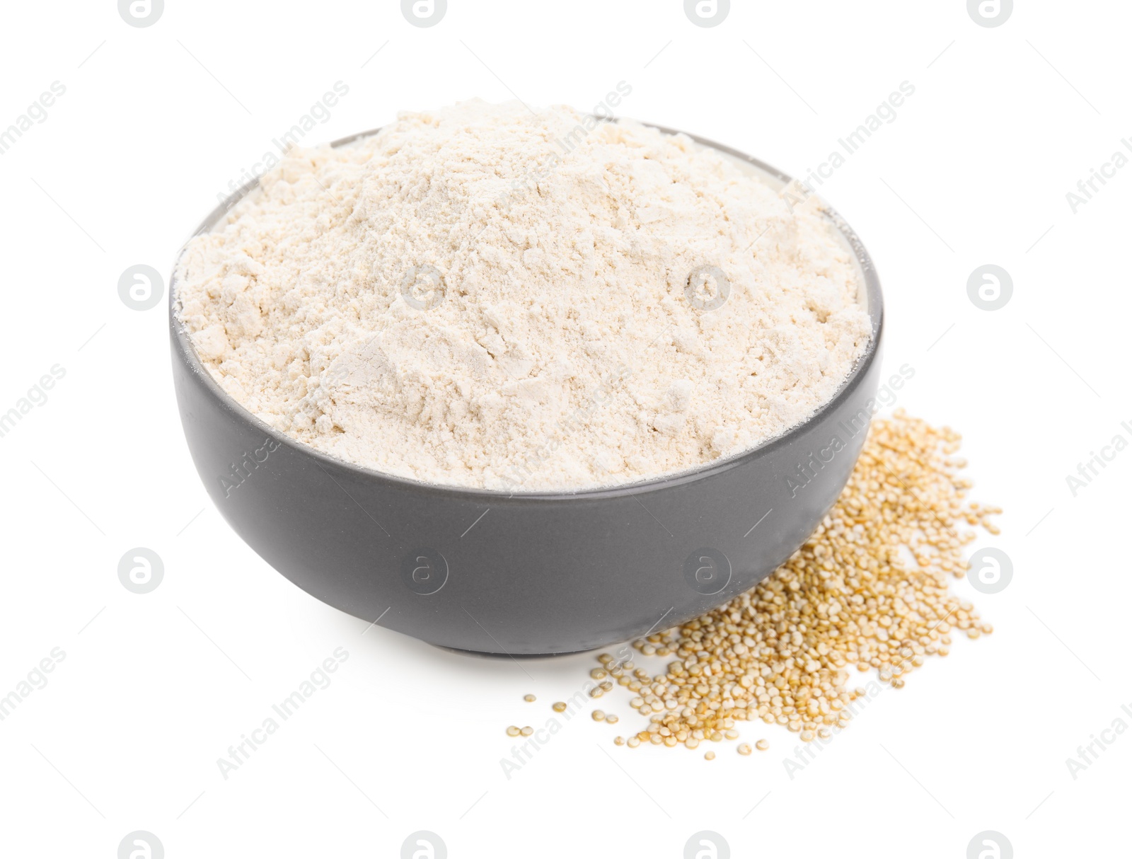 Photo of Bowl with quinoa flour and grains on white background