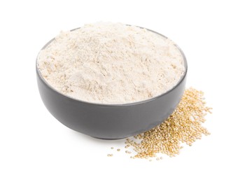 Photo of Bowl with quinoa flour and grains on white background