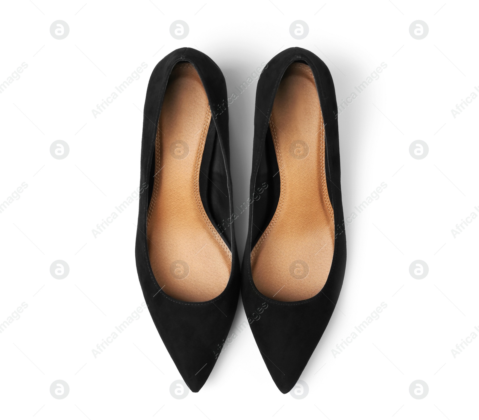 Photo of Pair of female shoes on white background, top view