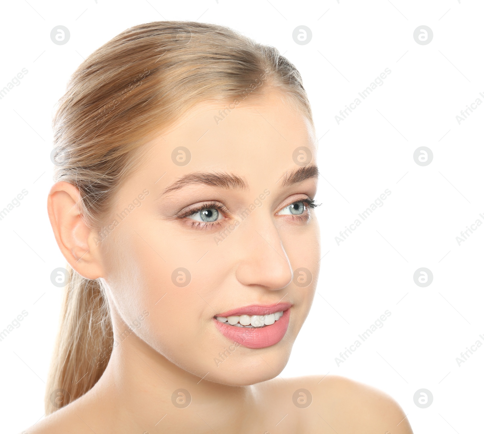 Photo of Portrait of young woman with beautiful natural eyelashes on white background