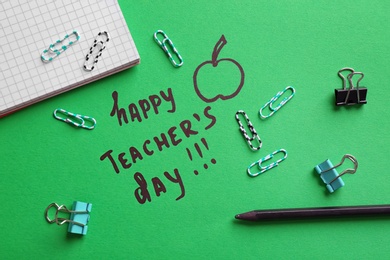 Stationery, text HAPPY TEACHER'S DAY and drawing on paper