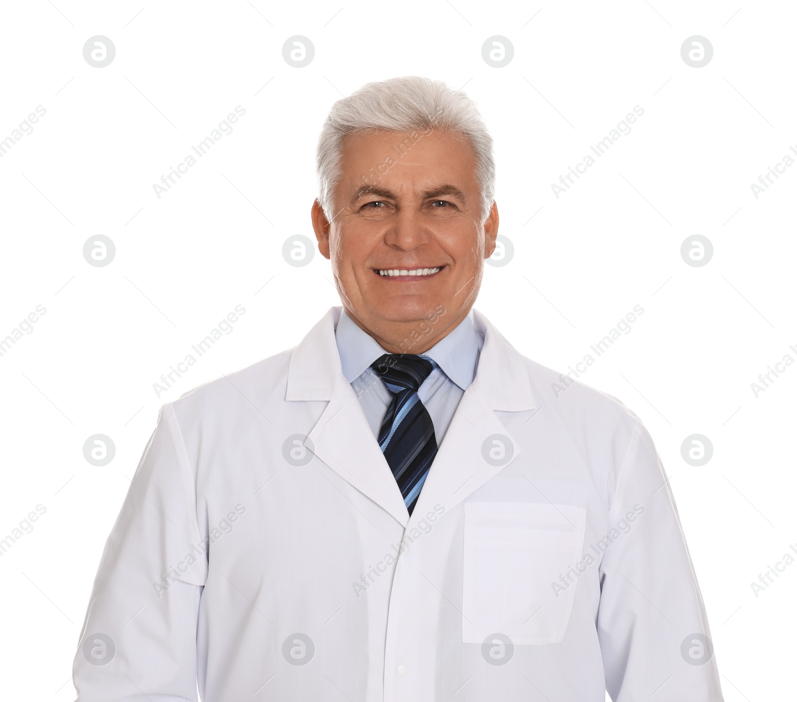 Photo of Happy senior man in lab coat on white background