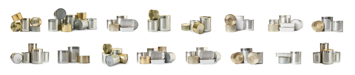 Image of Set with closed tin cans on white background. Banner design
