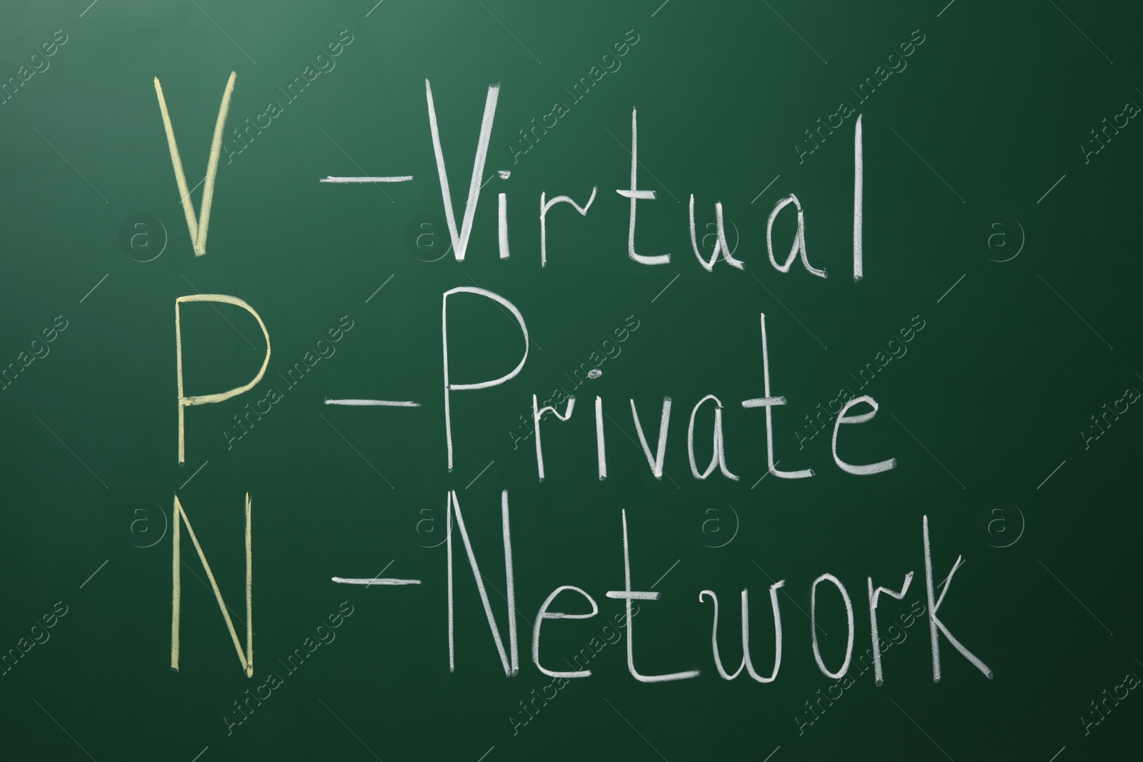 Photo of Acronym VPN (Virtual Private Network) written on chalkboard