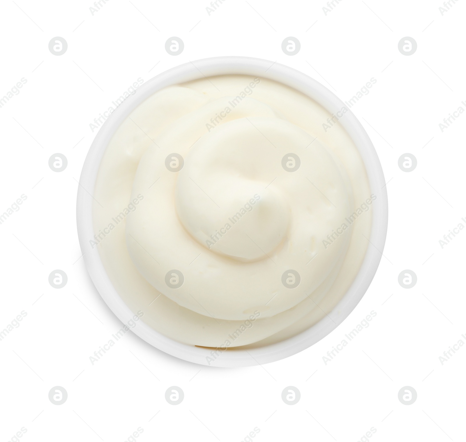 Photo of Tasty fresh mayonnaise sauce in bowl isolated on white, top view