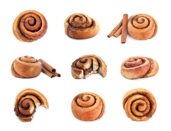 Tasty cinnamon rolls isolated on white, set