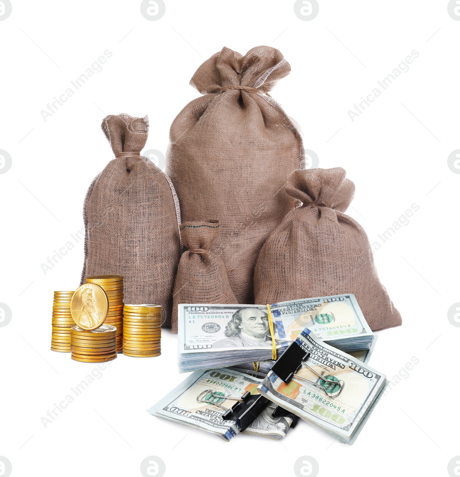 Image of Stacked coins, dollar banknotes and sack full of money on white background