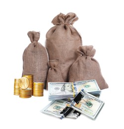 Image of Stacked coins, dollar banknotes and sack full of money on white background