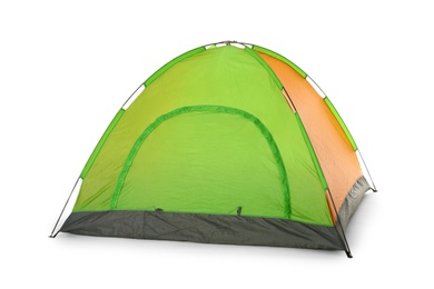 Photo of Comfortable colorful camping tent on white background