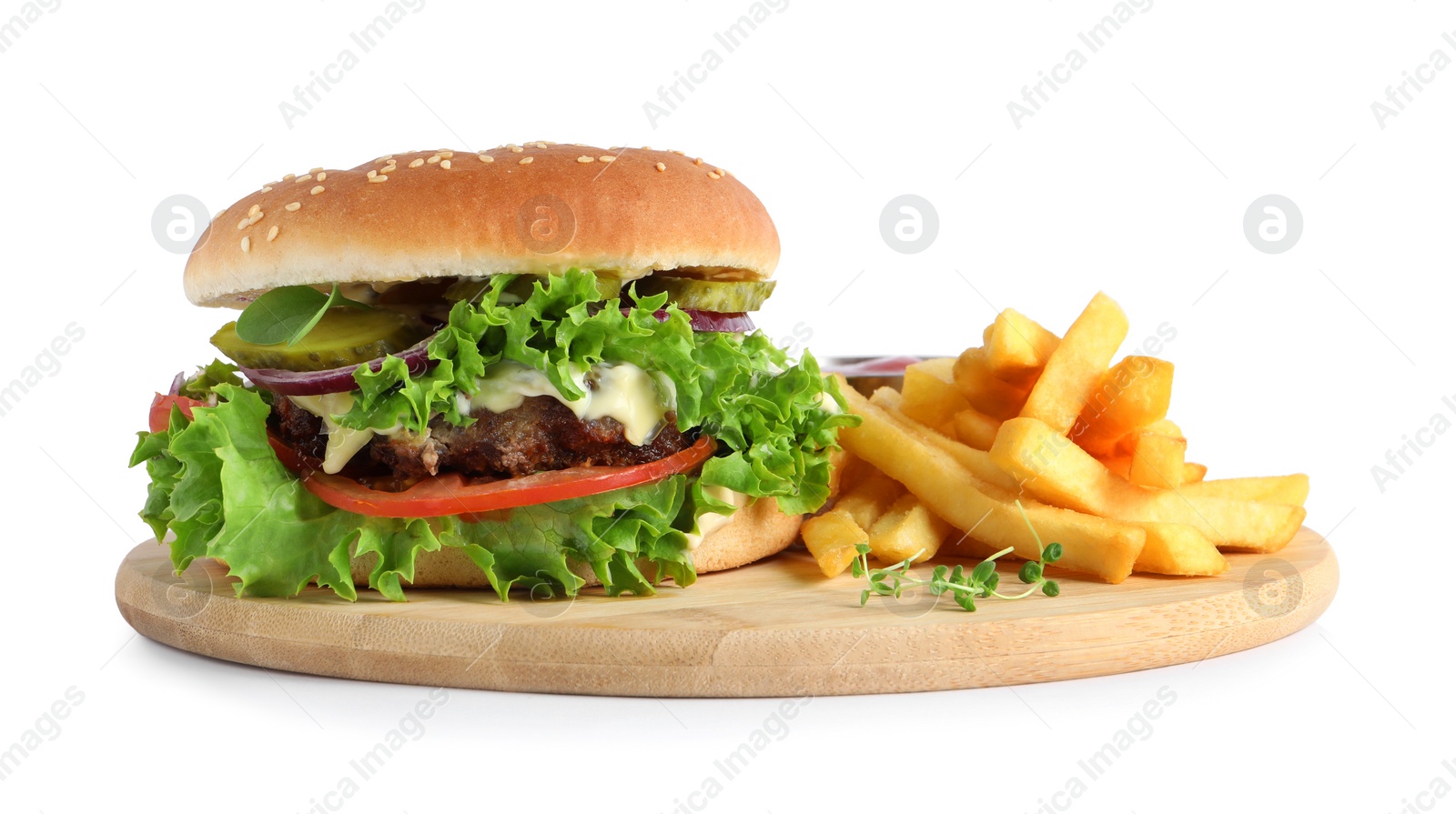 Photo of Delicious burger with beef patty and french fries isolated on white