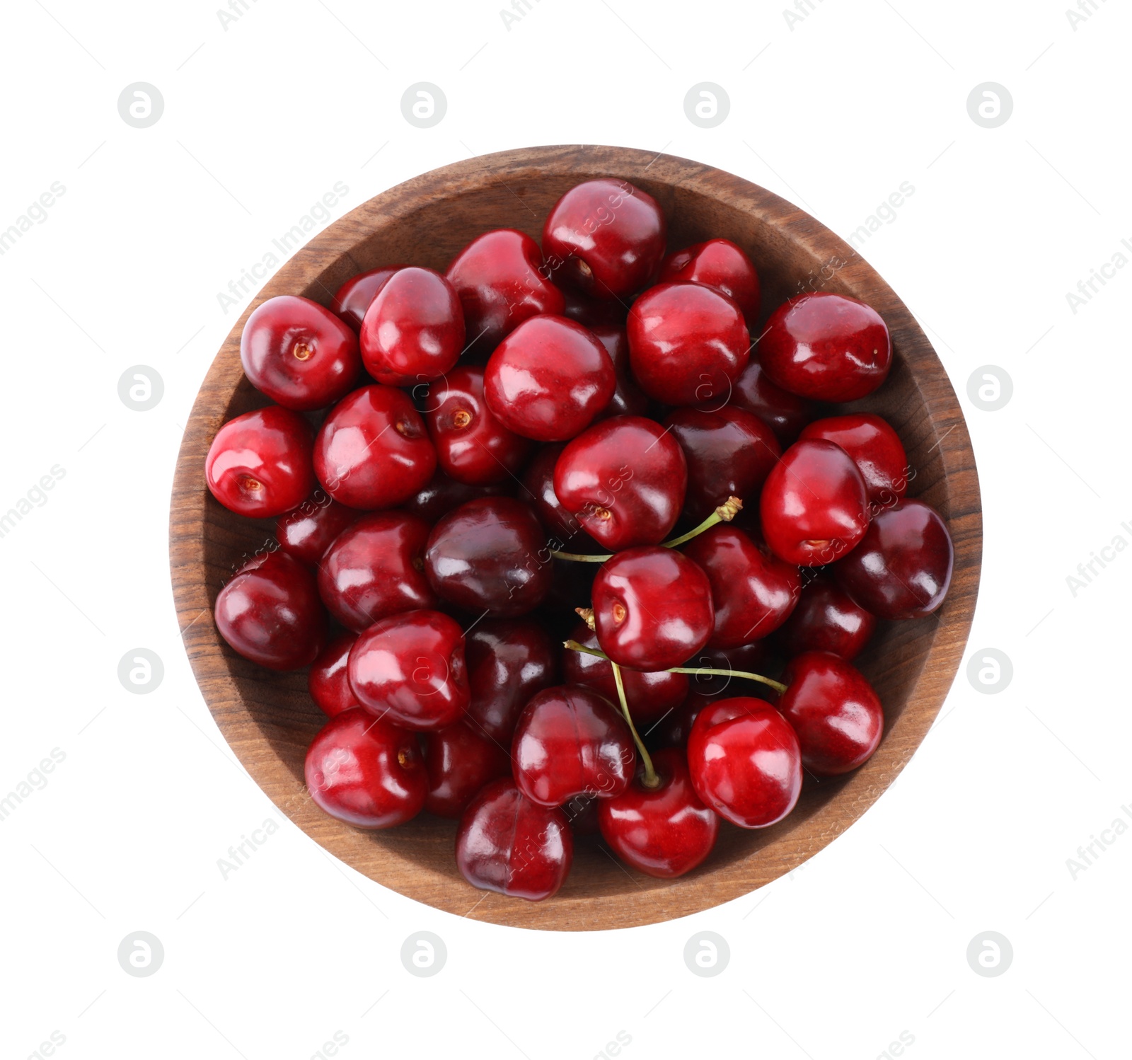 Photo of Tasty ripe red cherries in wooden bowl isolated on white, top view