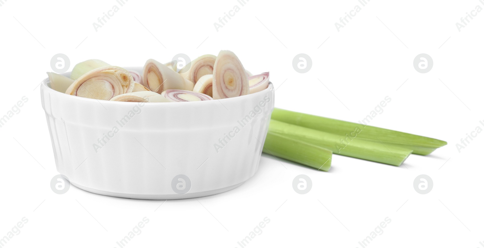 Photo of Whole and cut fresh lemongrass on white background