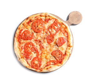 Hot cheese pizza Margherita on white background, top view