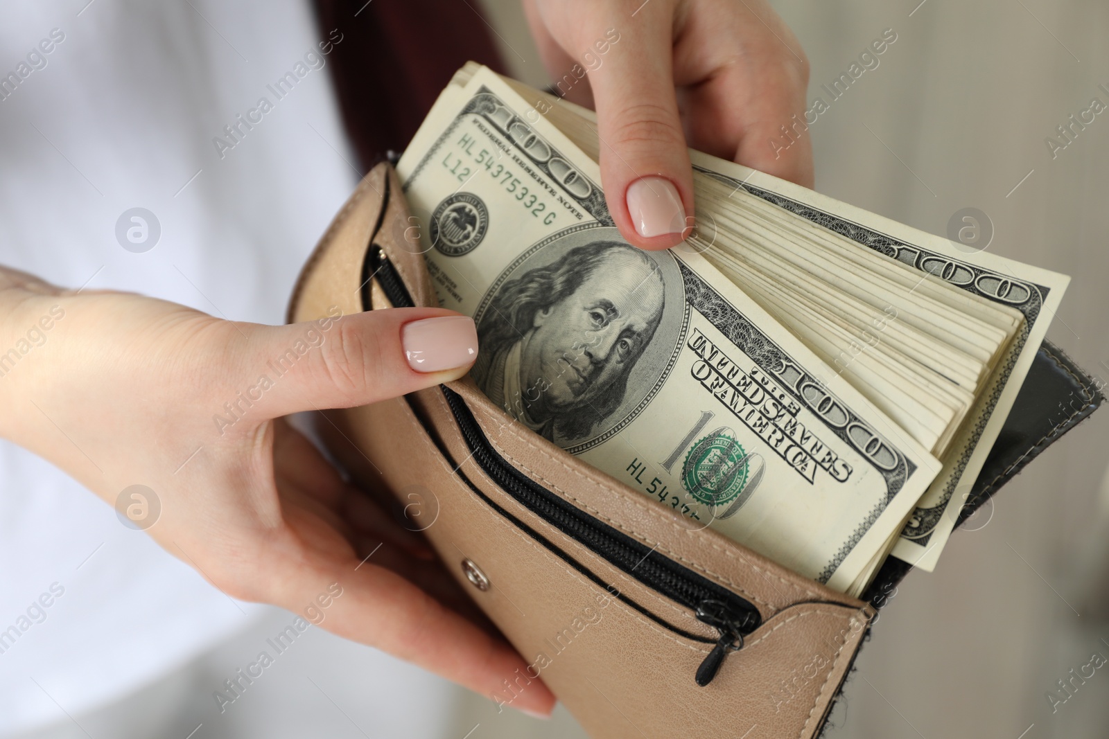 Photo of Money exchange. Woman putting dollar banknotes into wallet on blurred background, closeup