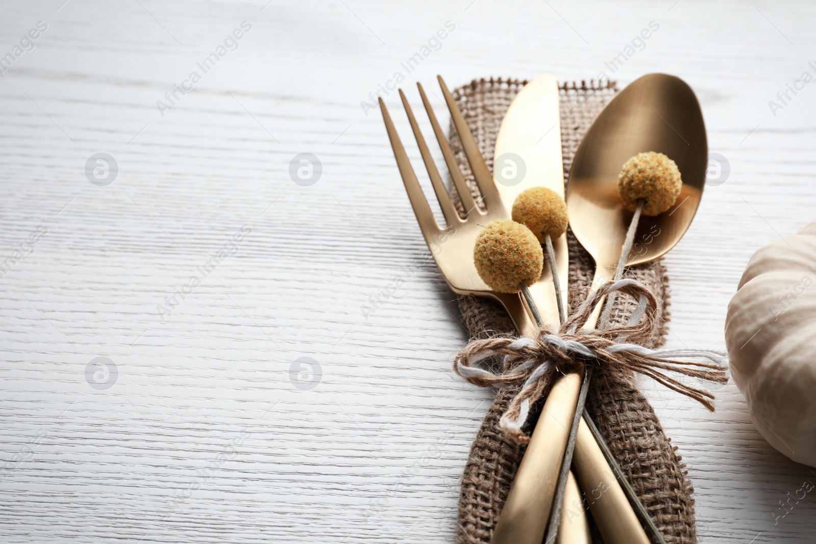 Photo of Cutlery decorated for autumn table setting on white wooden background, space for text